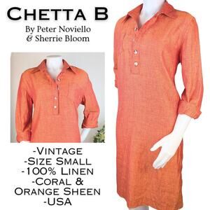 VTG Chetta B Shirt Shift Dress Linen 8 Coral Orange Shimmer Long Sleeve Coastal
